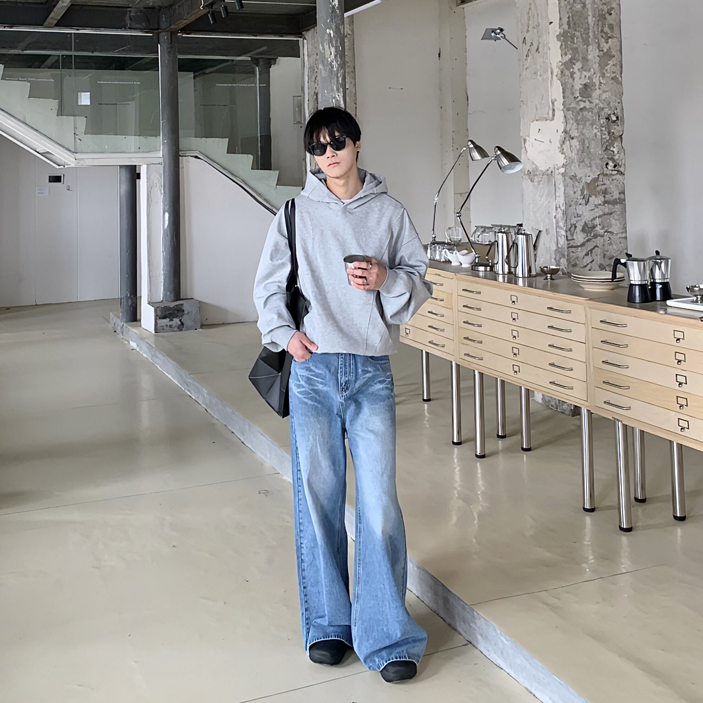 BEANCURD 韩版宽松直筒浅蓝色牛仔裤高腰垂感水洗做旧磨白阔腿裤