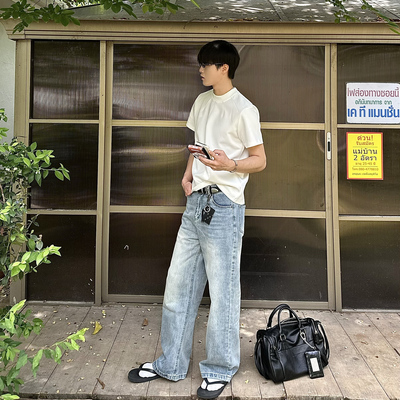 基础百搭水洗蓝做旧vibe牛仔裤