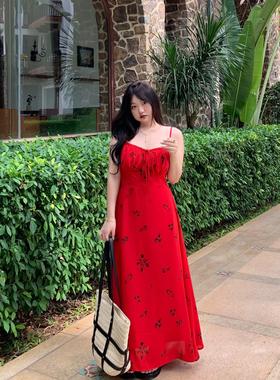 DEMA小德玛法式度假风红色碎花连衣裙雪纺吊带春夏新款显瘦长裙