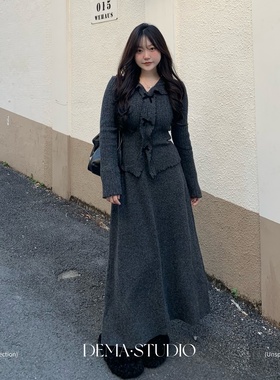 DEMA小德玛 韩系深灰毛衣针织衫半身裙女秋冬季大码微胖显瘦套装