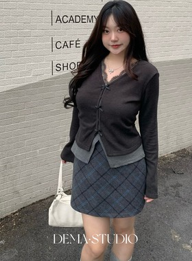 DEMA小德玛 韩系假两件V领长袖上衣女蕾丝边设计感修身显瘦大码