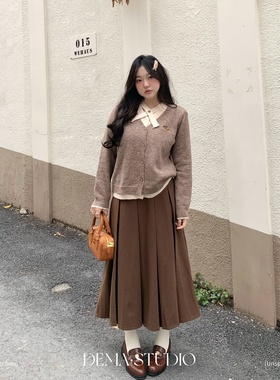 DEMA小德玛学院风假两件针织毛衣秋冬套装胖MM百褶裙大码微胖显瘦