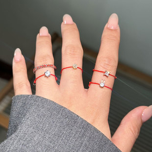 法国巴黎全绳单钻戒指转运月老小红绳本命年红色ins尾戒手工925银