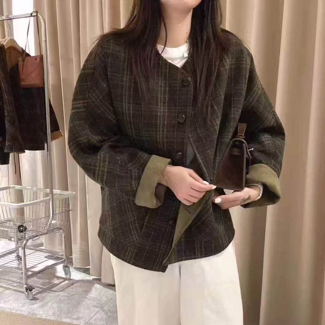 设计感韩版格纹印花毛呢外套女2025秋冬新款宽松显瘦洋气减龄上衣