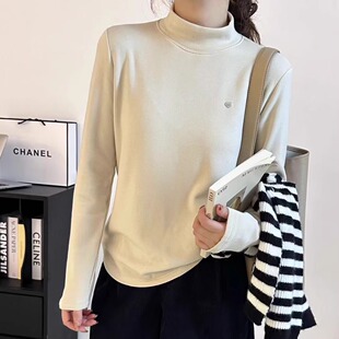 软糯上衣 显瘦泡泡袖 韩版 设计感半高领刺绣磨毛T恤女2025秋冬新款