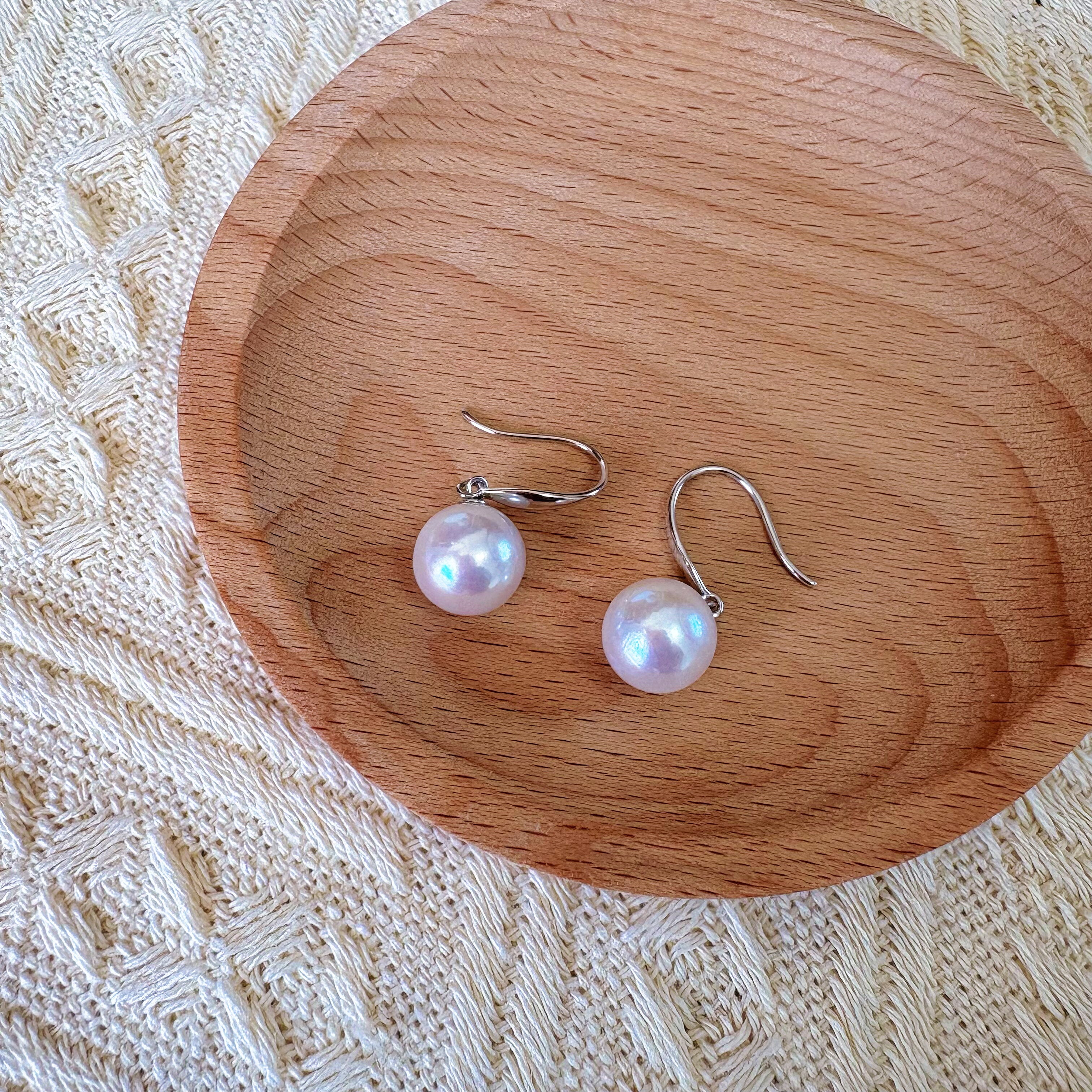 复古法式高级小众S925纯银天然极粉强光爆亮淡水正圆珍珠耳钩环坠