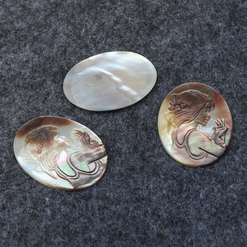 黑蝶贝 30*40mm雕刻美人头像贝壳圆片 单孔无孔包边材料diy饰品