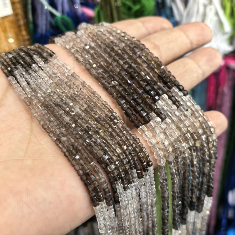 天然2/3mm切面烟晶 渐变色茶水晶方糖 diy手工长链饰品半成品散珠