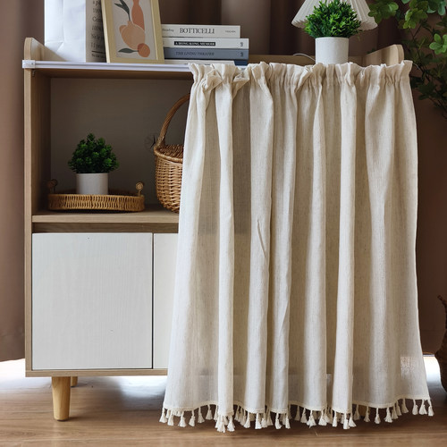 日式原木风棉麻柜帘遮挡帘免打孔粘贴轨书柜橱柜复古衣柜短帘遮丑