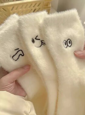 水貂绒情侣袜加绒加厚毛茸茸冬天袜子可爱刺绣表情袜子女冬季月子