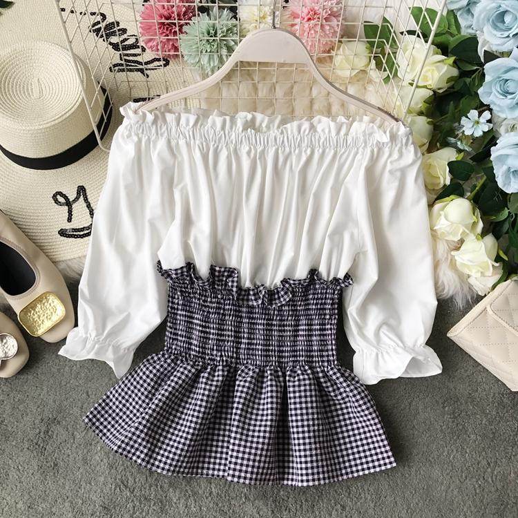 夏季韩版收腰一字领露肩上衣女短袖2019时尚新款拼接学生格子衬衣|ruв категории Женская одежда, рубашка - от Buy2taobao.com для оказания профессиональной услуги покупки агента Taobao