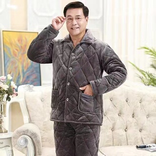 老年人冬天法兰绒棉袄睡衣男爸爸三层夹棉衣水貂绒爷爷加厚外套装
