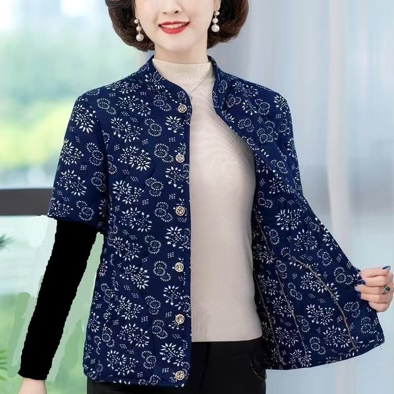 妈妈冬天保暖短袖外套女婆婆加厚驼绒棉袄时尚中老年碎花棉衣开衫