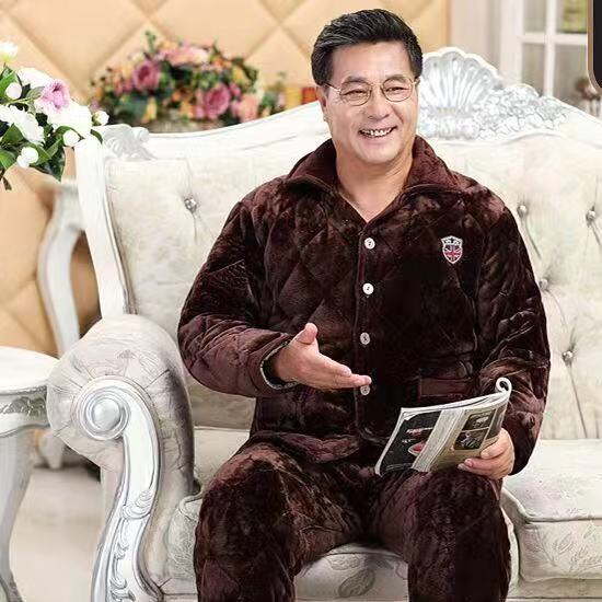 冬天中老年三层加厚夹棉睡衣男装