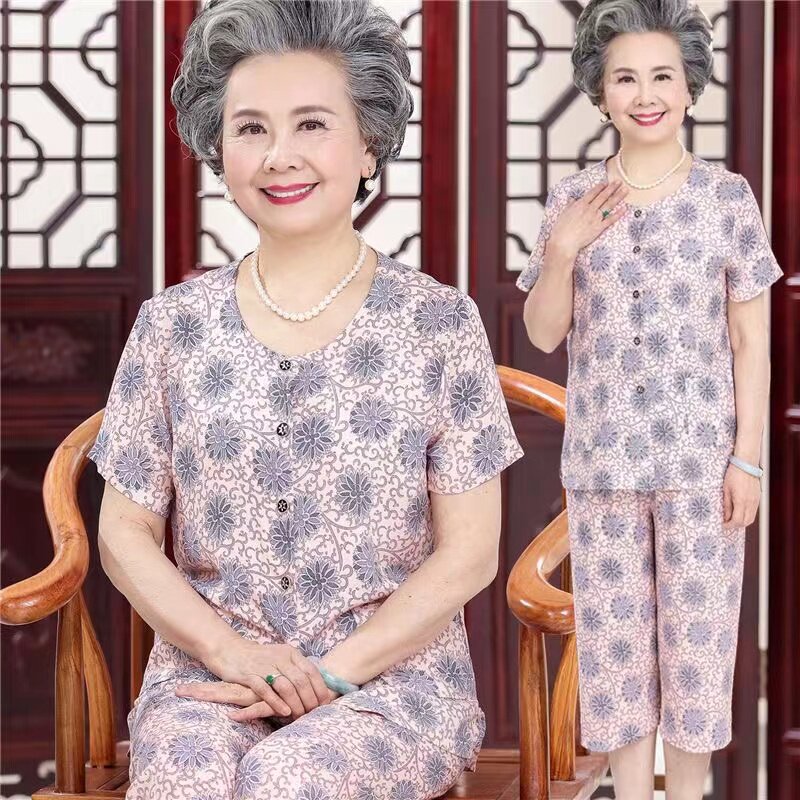 老人夏装短袖短裤老太太开衫系扣睡衣女纯棉绸奶奶宽松大码家居服