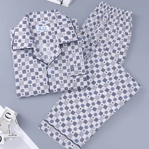 爷爷加肥加大码睡衣男夏200斤老人开衫短袖长裤带门襟爸爸纯棉t恤