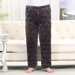 冬季爸爸开小便口棉裤加绒加厚爷爷睡裤男老人珊瑚绒夹棉居家长裤