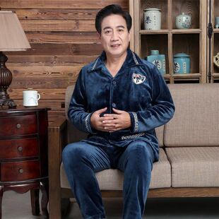 秋冬季爷爷法兰绒睡衣睡裤套装男老人防寒保暖家居服爸爸加厚加绒