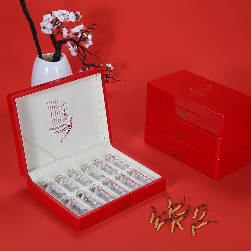 冬虫夏草包装盒红色高档礼盒空盒透明钢琴烤漆亮光木盒虫草礼品盒