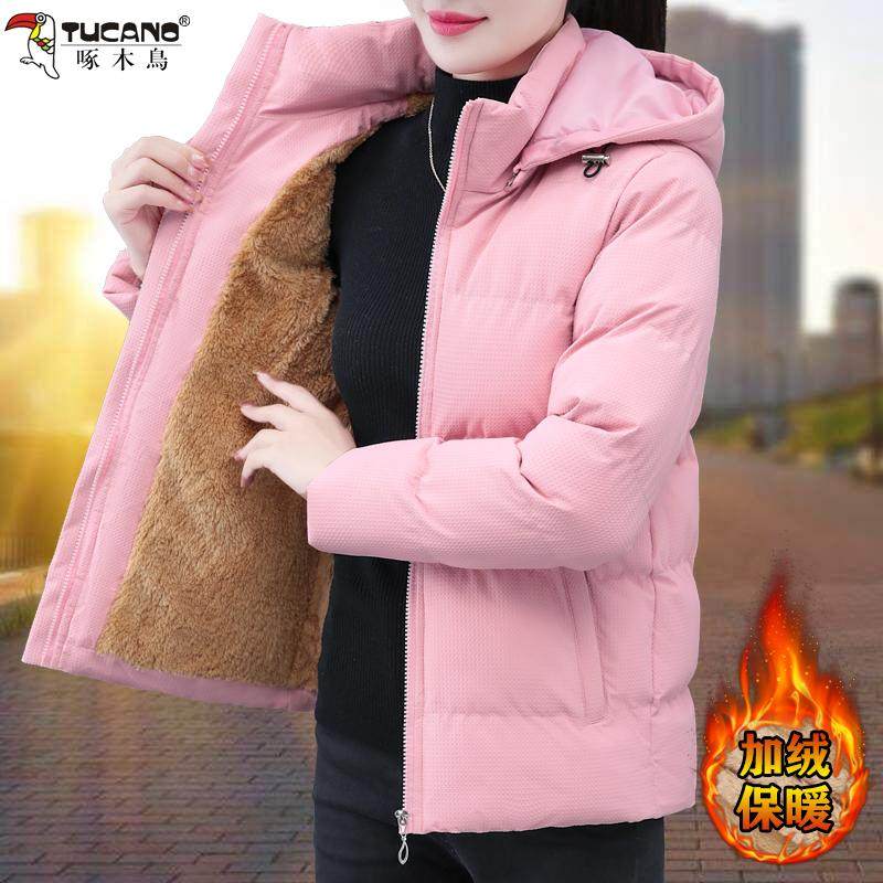 啄木鸟加绒棉衣女冬季2024新款中年妈妈大码加厚保暖短款棉服外套