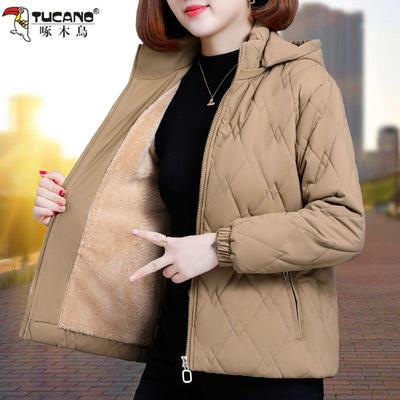 啄木鸟加绒加厚棉服女短款2024新款冬装中年妈妈洋气保暖棉袄外套