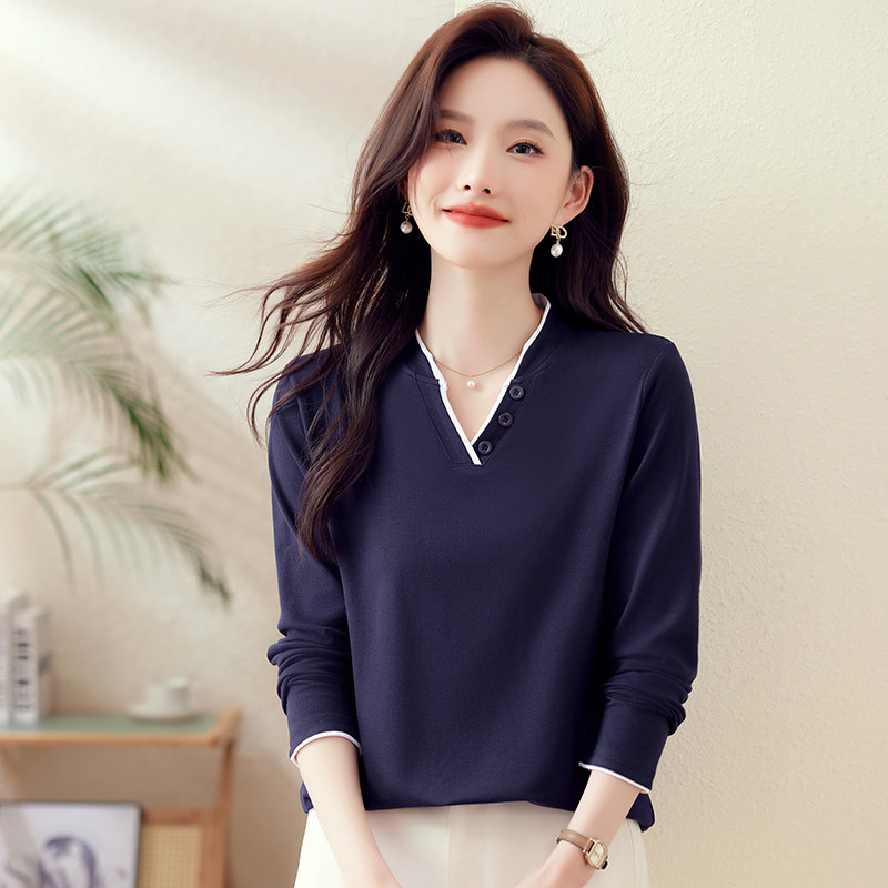 啄木鸟春秋季v领长袖t恤女2026新款休闲显瘦洋气内搭打底衫薄上衣