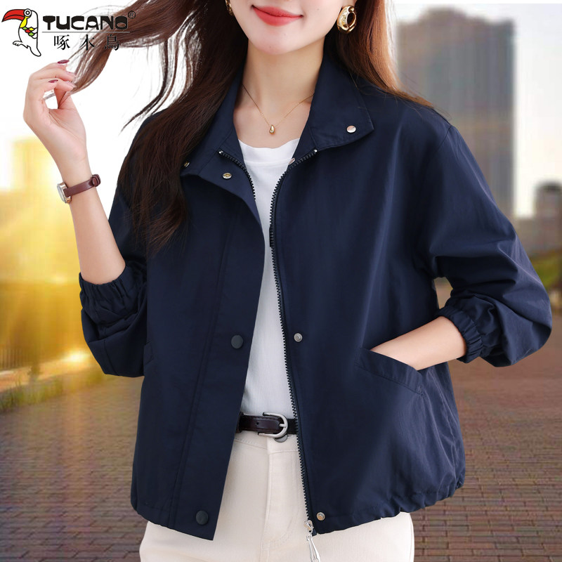 啄木鸟短款小外套女2026年新款春秋时尚休闲宽松立领拉链夹克上衣