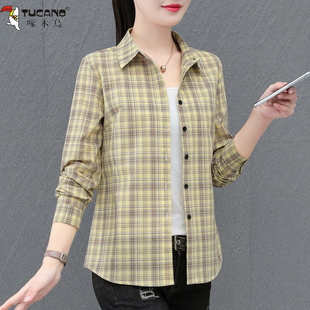 长袖 啄木鸟全棉格子衬衫 减龄薄款 中年妈妈时尚 衬衣 女春秋2025新款