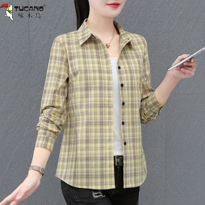 啄木鸟全棉格子衬衫女春秋2025新款中年妈妈时尚减龄薄款长袖衬衣
