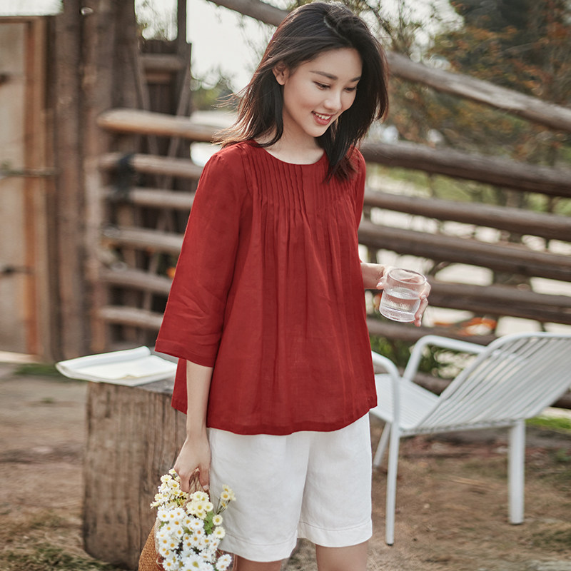 一非空间夏装新款高支苎麻衬衫文艺宽松减龄圆领风琴褶套头小衫女