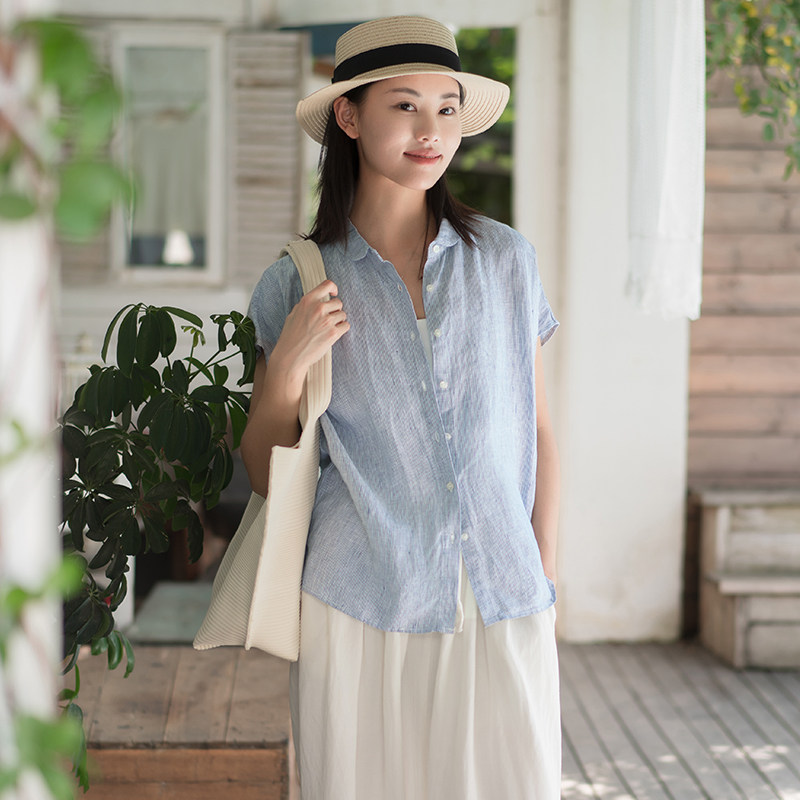 一非空间夏装法国进口亚麻衬衫彼得潘领小衫文艺简约百搭减龄上衣