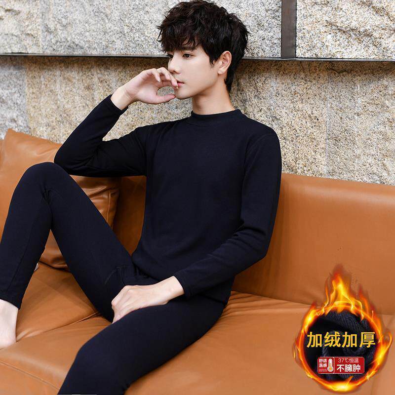 가을 옷과 가을 바지 단색 남성 중년 및 노인 열 속옷 중간 칼라 바닥 스웨터 세트