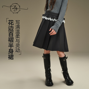 女童花边百褶半身裙西装面料立体压褶工艺A字及膝版型高定精致