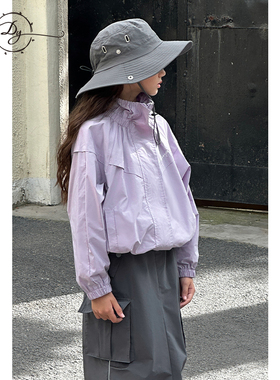 女童短款防风外套2026春秋新款大童纯色宽松儿童洋气上衣紫色夹克