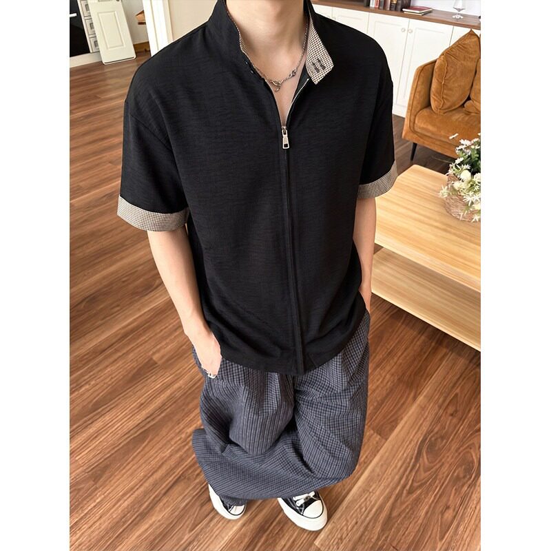 889风格子6448开衫立领拼接衬衫夏季短袖CD老钱男