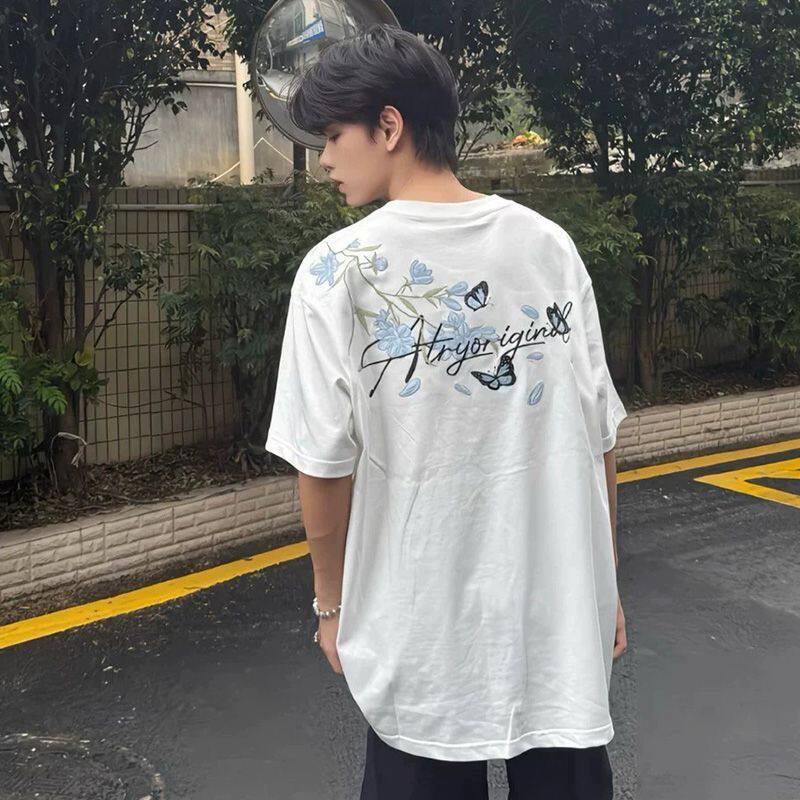 889花卉短袖宽松女半袖上衣设计感刺绣潮牌t恤小众蝴蝶夏季新款20