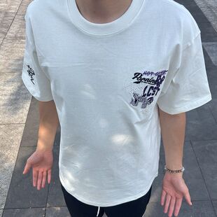 889复古T恤宽松美式刺绣上衣男短袖半袖圆领百搭字母