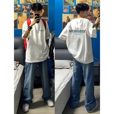 圆领短袖t恤男款纯棉印花潮牌重磅小领口重磅速干白色黑色青少年