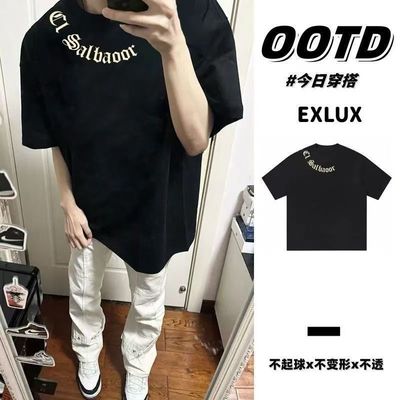 圆领短袖t恤男款纯棉印花潮牌重磅小领口重磅速干白色黑色青少年