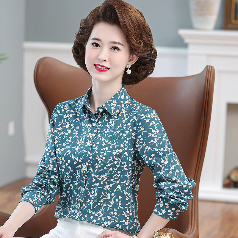 莎瑞女式全棉印花长袖衬衫纯棉时尚洋气中老年2025新款宽松休闲