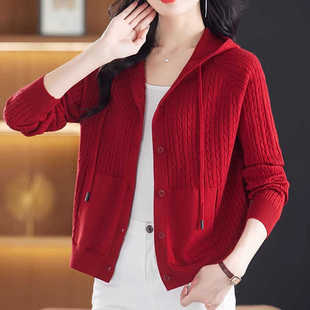 减龄毛衣外套宽松连帽针织开衫 新款 外搭短洋气上衣 女秋冬季 羊毛衫