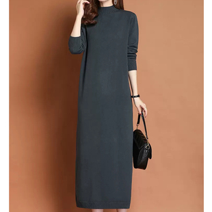 女士长款毛衣秋冬新款配大衣针织羊毛衫加肥大码连衣裙过膝打底衫