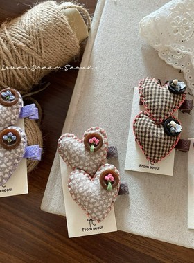 韩国ins秋冬新款碎花格子布艺爱心鸭嘴夹发夹 可爱时尚刘海夹发饰