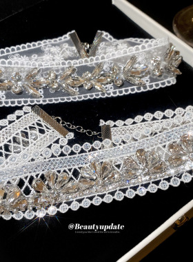 法式白色蕾丝镶钻花边颈链冷淡风潮流小众锁骨链轻奢高级感项饰女