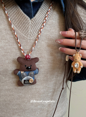 木珠镶钻小熊珍珠项链卡通创意轻奢高级感毛衣链设计感小众项饰女