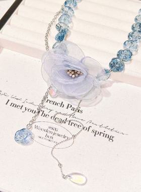 重工设计夸张嘻哈甜酷风蓝色亚克力水晶链条紫色蕾丝花朵锁骨链女