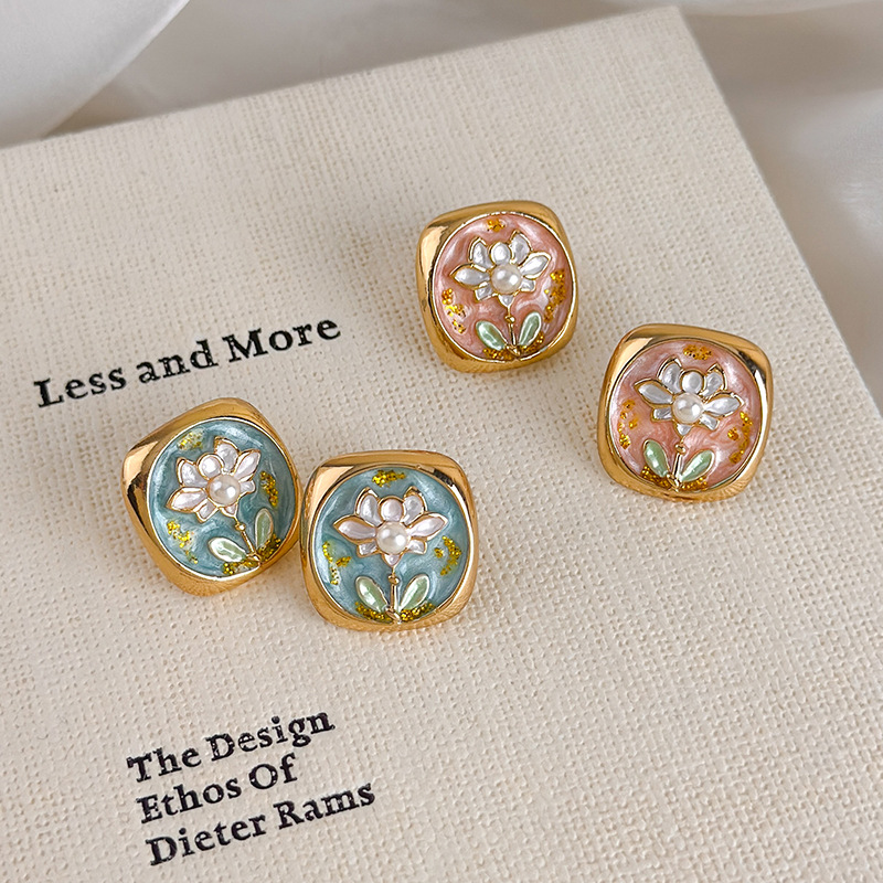 新中式莫奈花园滴釉珍珠耳钉女秋冬款梦幻花卉气质新款潮耳饰品
