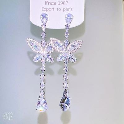 轻奢重工微镶锆石水晶满钻蝴蝶长款银针耳环 高质量宴会气质耳钉