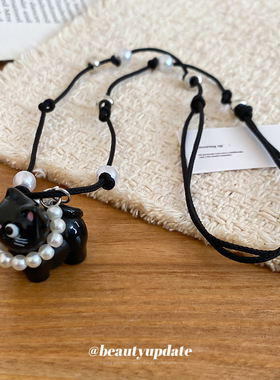 卡通树脂小猫珍珠项链童趣可爱轻奢高级感毛衣链设计感小众颈链女