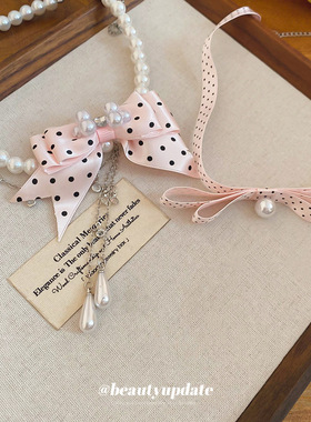 缎带波点蝴蝶结珍珠项链复古优雅甜美时尚气质锁骨链轻奢小众项饰